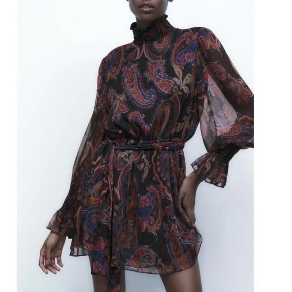 Zara Chiffon Paisley Printed Mini Dress With Belted Waist & Long Sleeves